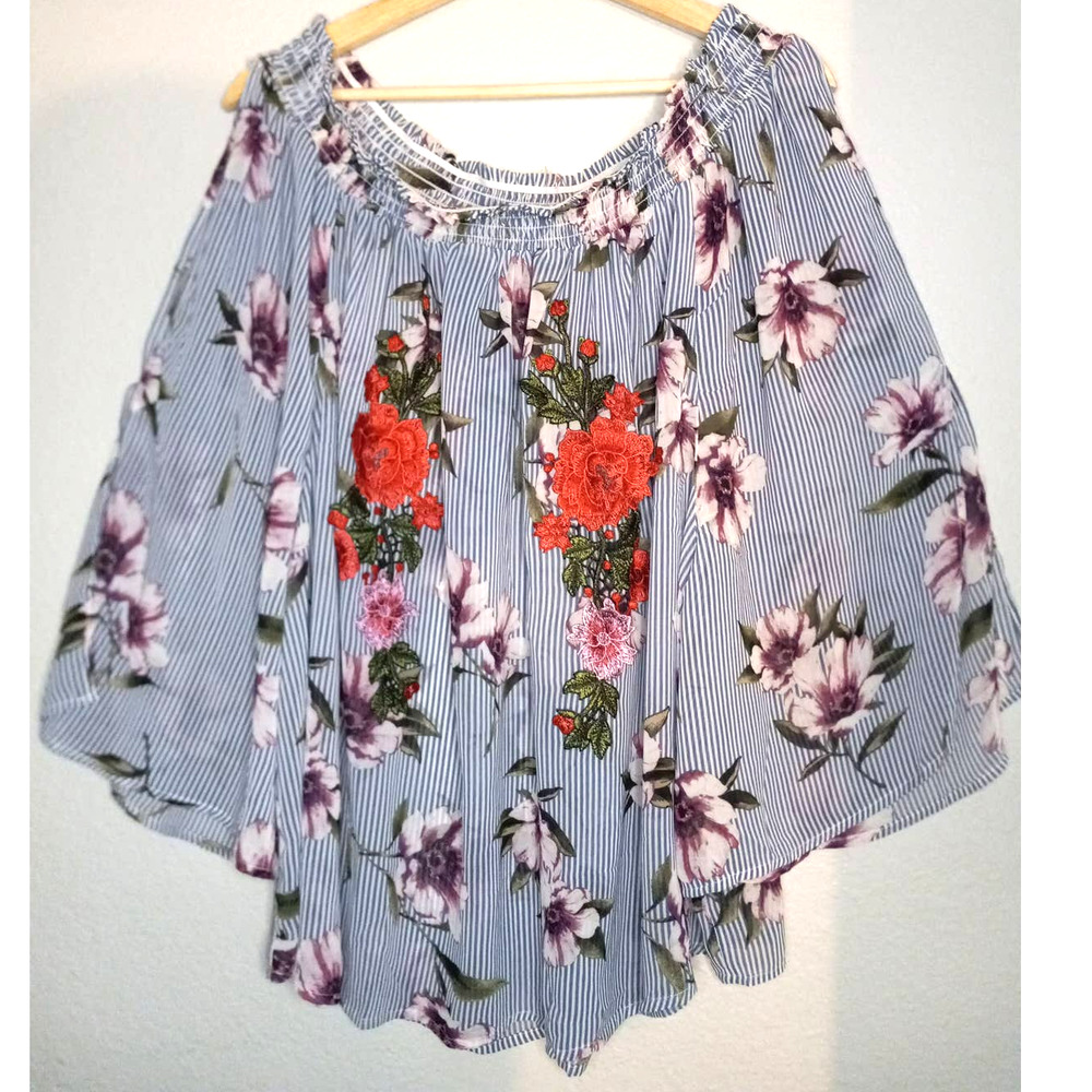 Cleo Chiffon Stripped Floral Embroidery 3/4 Bell Sleeve Navy Red Purpl 3X Blouse